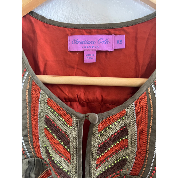 Calypso Womens XS Silk Beaded Cap Sleeve Boho Earthy Green Orange Shift Dress - Picture 5 of 12